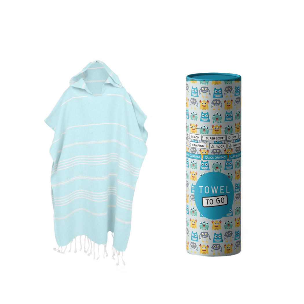 Ipanema Kids Poncho Towel in Mint color, made from 100% cotton, featuring a generous hood and vibrant design, packaged in a recycled gift box.